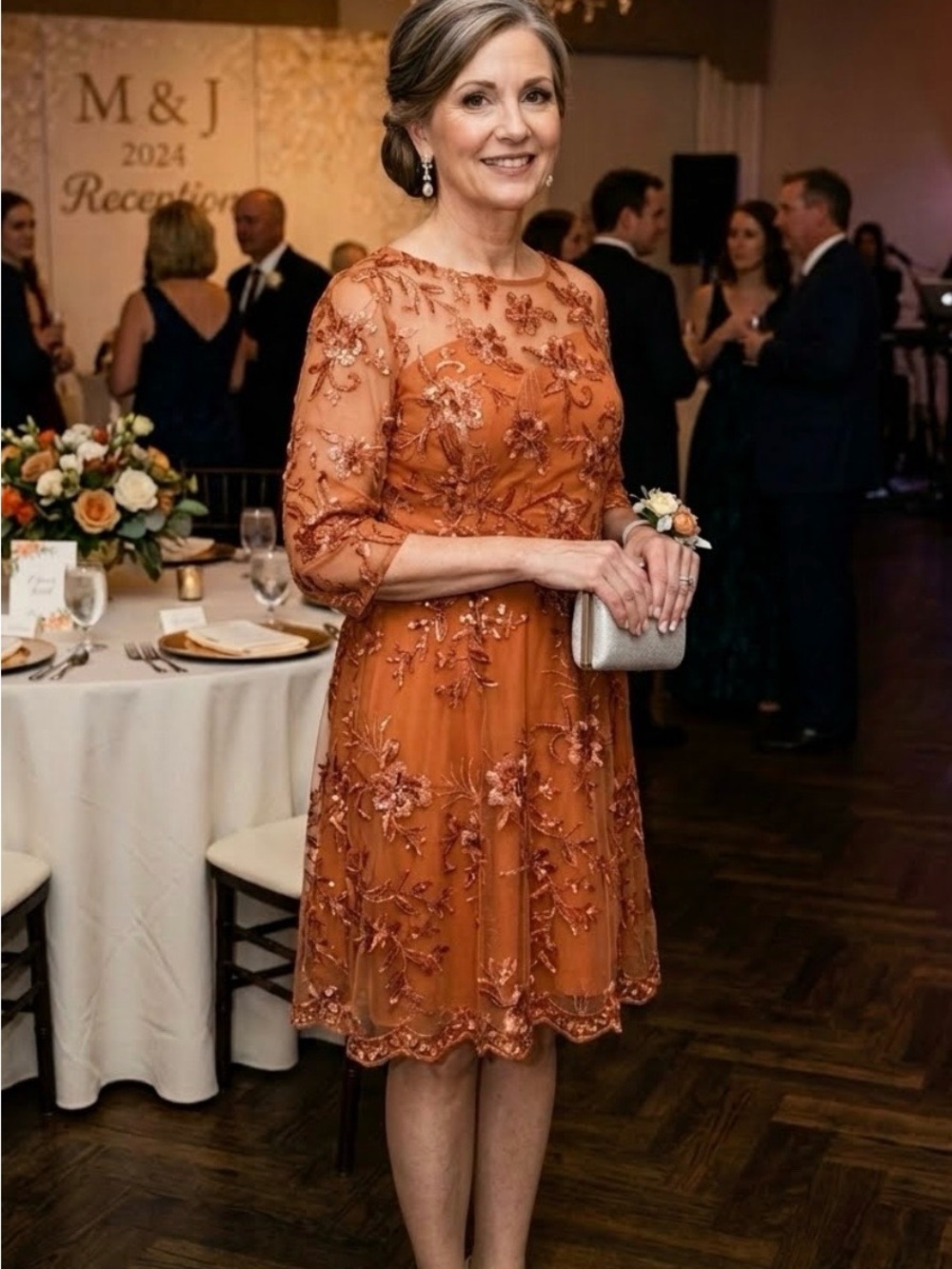 Embroidered Orange Cocktail Dress with Sheer Overlay